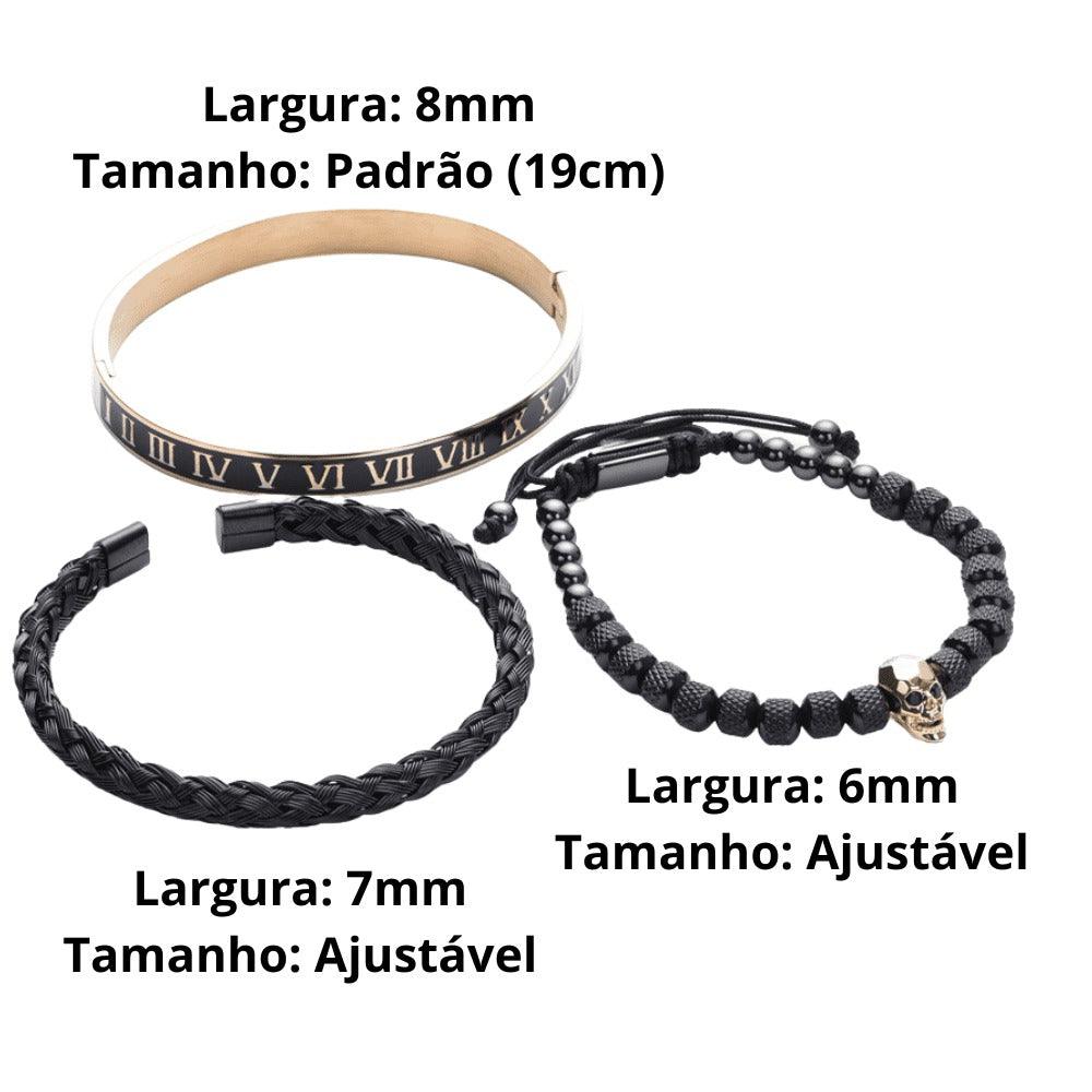 Conjunto 3 Pulseiras Caveira OLD SKULL - Joia em Aço Inoxidável Banhada em Ouro e Prata - SUPER PROMOÇÃO! - Lojas Promorin