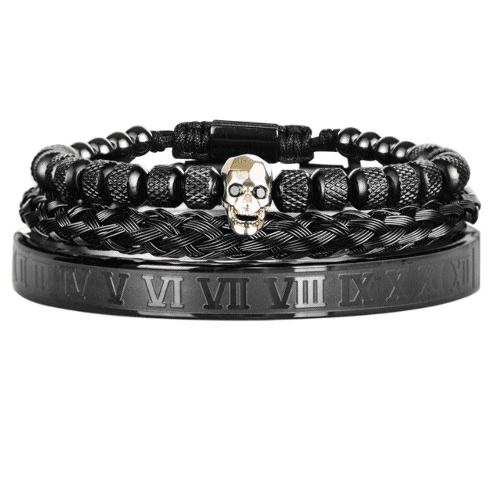 Conjunto 3 Pulseiras Caveira OLD SKULL - Joia em Aço Inoxidável Banhada em Ouro e Prata - SUPER PROMOÇÃO! - Lojas Promorin