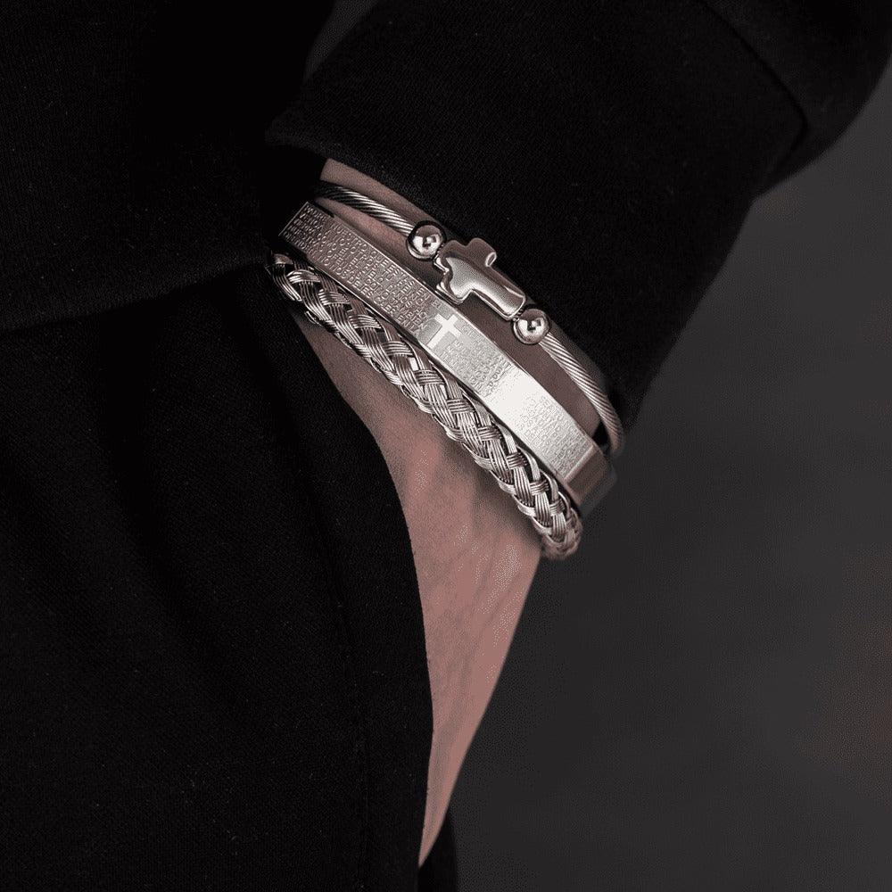 Conjunto 3 Pulseiras Crucifixo PAI NOSSO - Joia em Aço Inoxidável Banhada em Ouro e Prata - Lojas Promorin