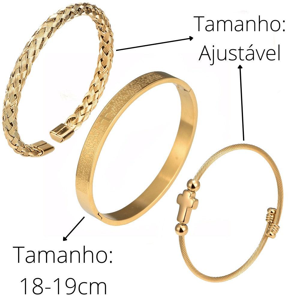 Conjunto 3 Pulseiras Crucifixo PAI NOSSO - Joia em Aço Inoxidável Banhada em Ouro e Prata - Lojas Promorin