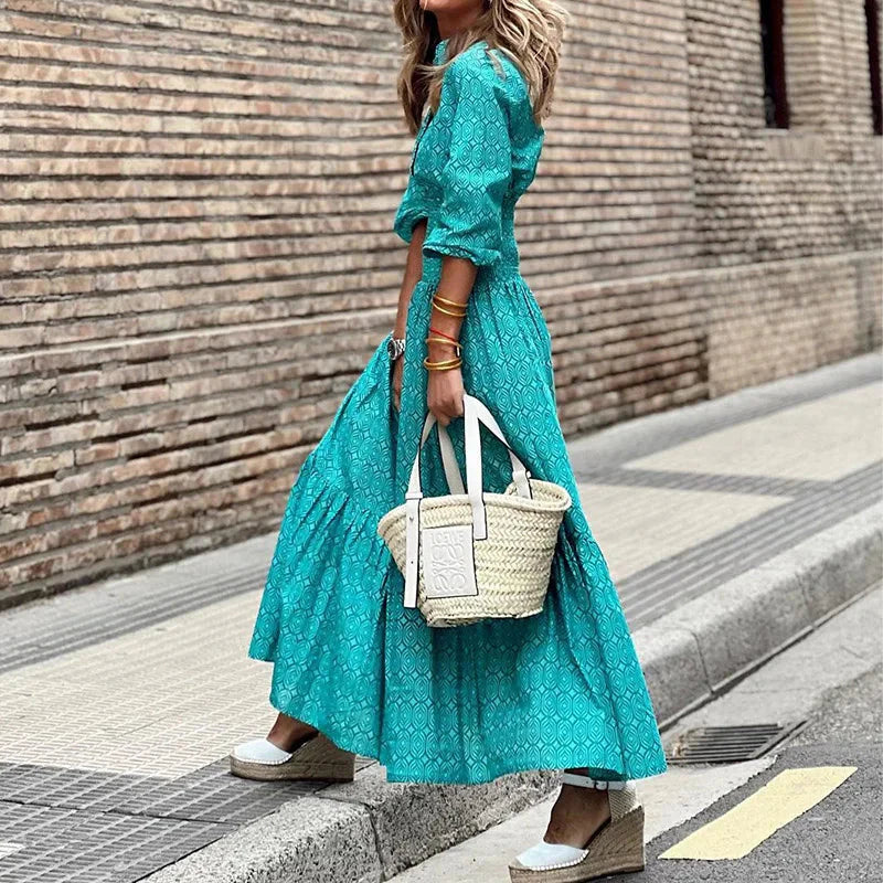 Vestido Feminino Longo Elegante Meia Manga - Geometric Glamour