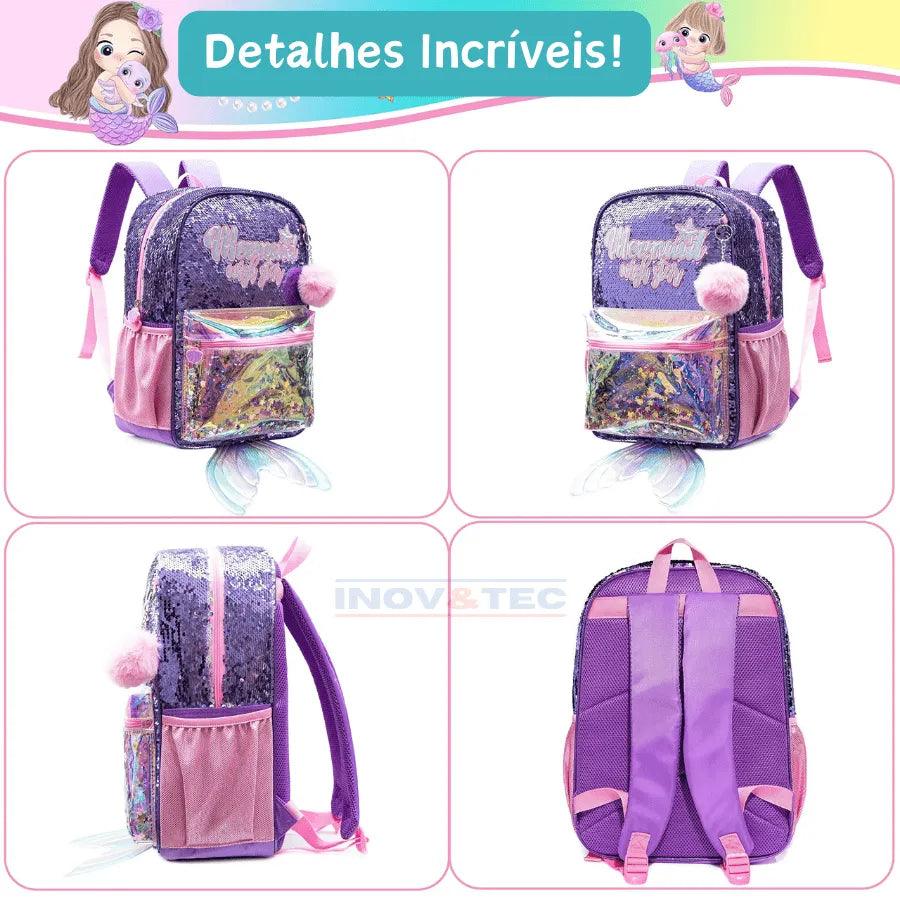 Mochila Infantil Para Meninas Super Shine Com Lantejoulas- Estojo e Lancheira, chaveiro de Brinde - para Sua Pequena Brilhar No Volta As Aulas - Lojas Promorin