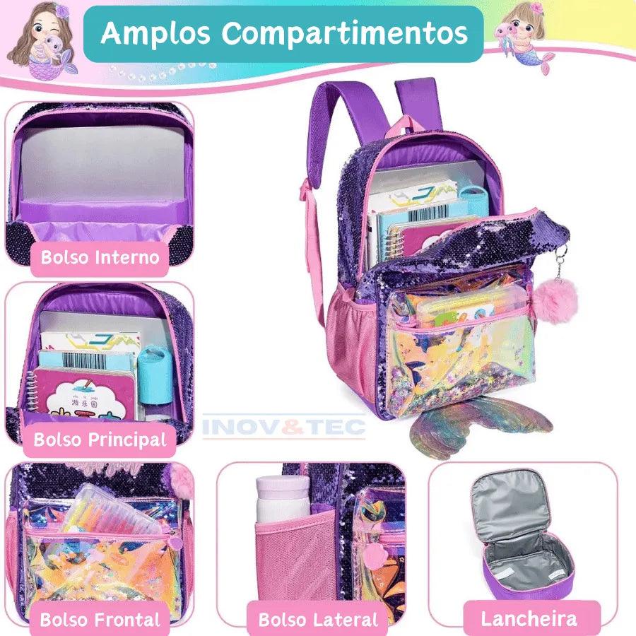 Mochila Infantil Para Meninas Super Shine Com Lantejoulas- Estojo e Lancheira, chaveiro de Brinde - para Sua Pequena Brilhar No Volta As Aulas - Lojas Promorin