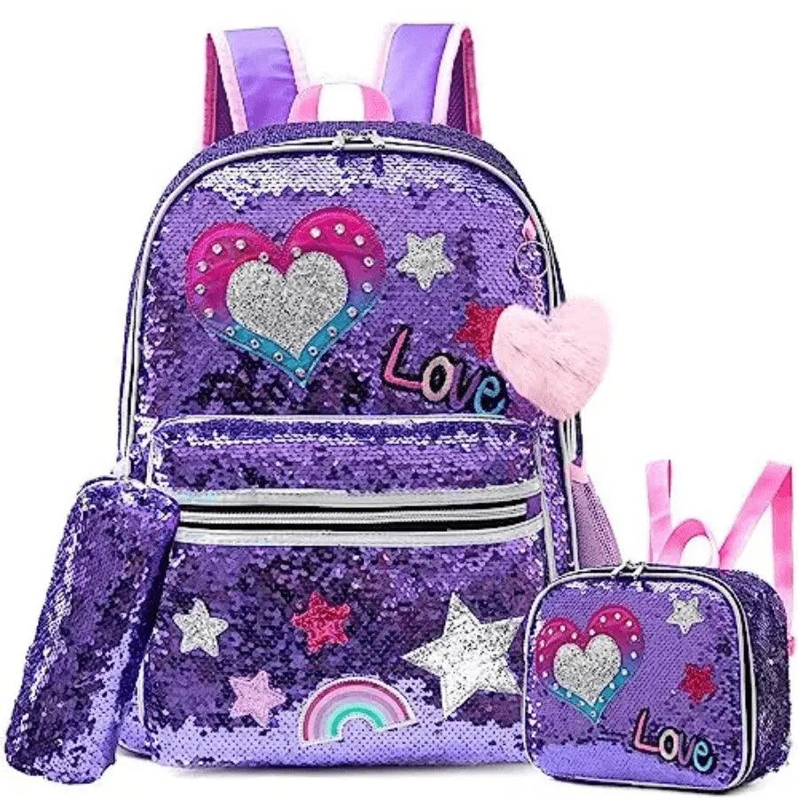 Mochila Infantil Para Meninas Super Shine Com Lantejoulas- Estojo e Lancheira, chaveiro de Brinde - para Sua Pequena Brilhar No Volta As Aulas - Lojas Promorin