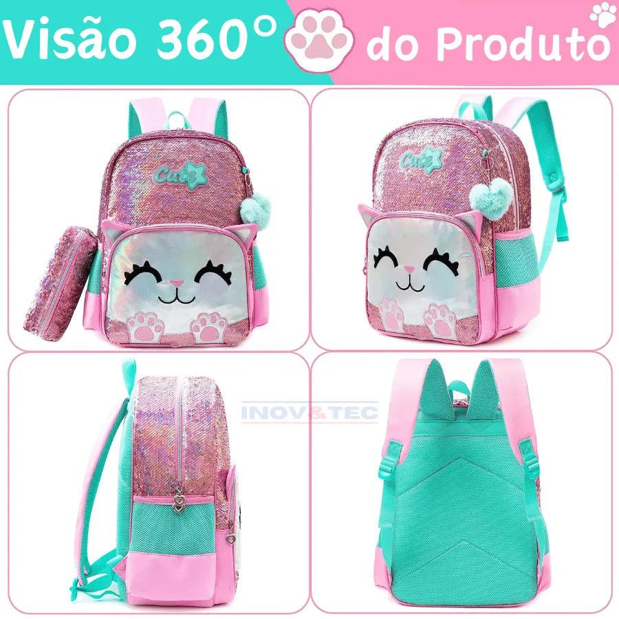 Mochila Infantil Para Meninas Super Shine Com Lantejoulas- Estojo e Lancheira, chaveiro de Brinde - para Sua Pequena Brilhar No Volta As Aulas - Lojas Promorin