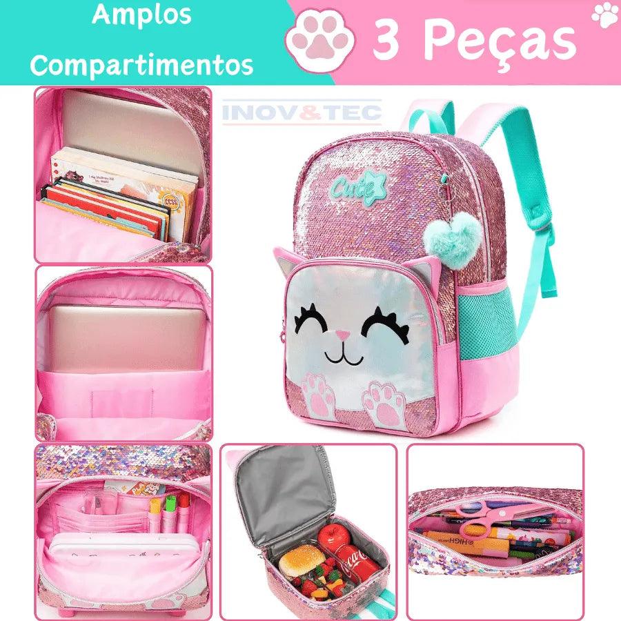 Mochila Infantil Para Meninas Super Shine Com Lantejoulas- Estojo e Lancheira, chaveiro de Brinde - para Sua Pequena Brilhar No Volta As Aulas - Lojas Promorin