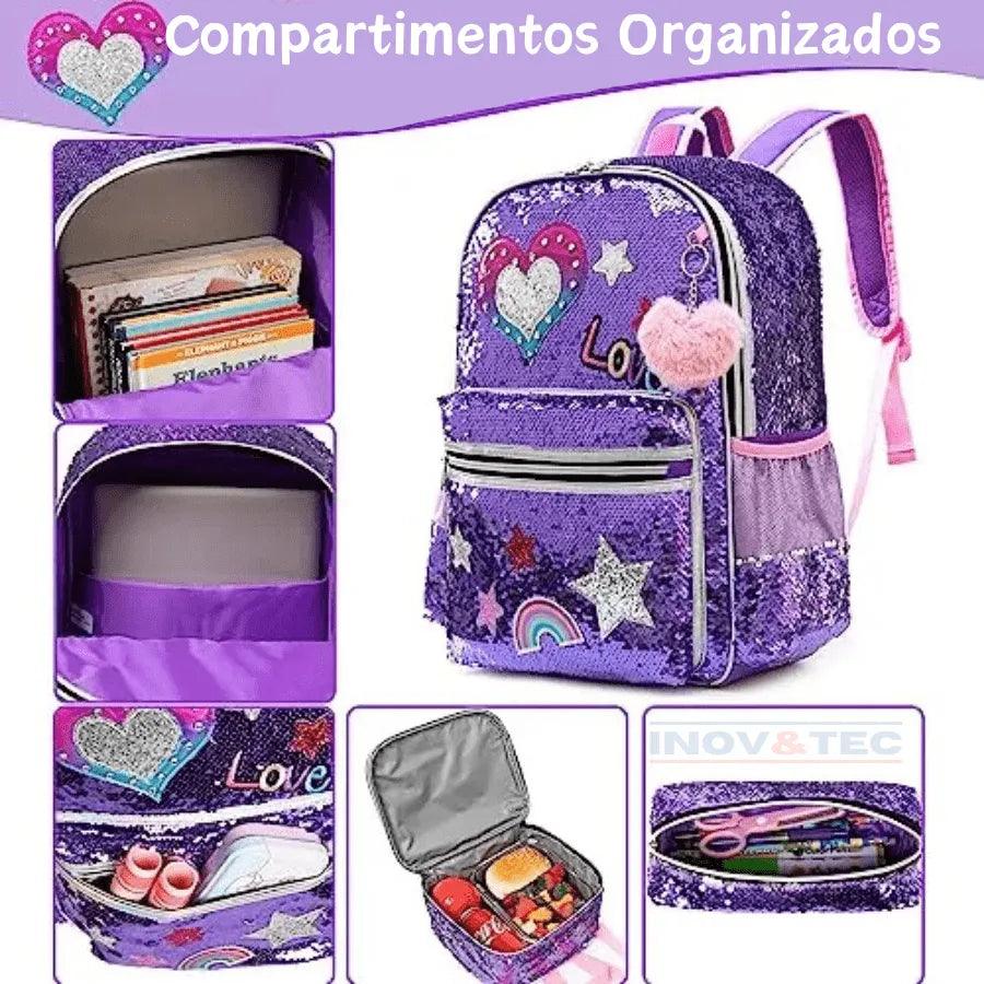 Mochila Infantil Para Meninas Super Shine Com Lantejoulas- Estojo e Lancheira, chaveiro de Brinde - para Sua Pequena Brilhar No Volta As Aulas - Lojas Promorin