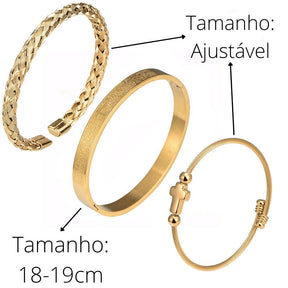Conjunto 3 Pulseiras Crucifixo PAI NOSSO - Joia em Aço Inoxidável Banhada em Ouro e Prata - Lojas Promorin