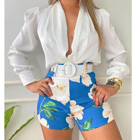 Conjunto Camisa de Manga Comprida Bufante + Short Floral com Cinto