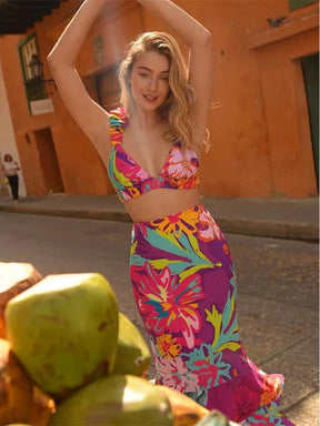 Conjunto Feminino Cropped e Saia Longa - Floral Urbano