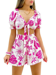 Conjunto Sarah Cropped de Manga Curta Bufante + Short Cintura Alta