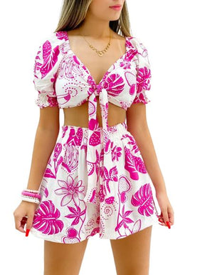 Conjunto Sarah Cropped de Manga Curta Bufante + Short Cintura Alta