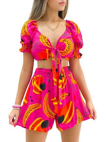 Conjunto Sarah Cropped de Manga Curta Bufante + Short Cintura Alta