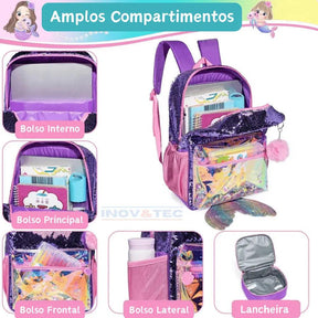 Mochila Infantil Para Meninas Super Shine Com Lantejoulas- Estojo e Lancheira, chaveiro de Brinde - para Sua Pequena Brilhar No Volta As Aulas - Lojas Promorin
