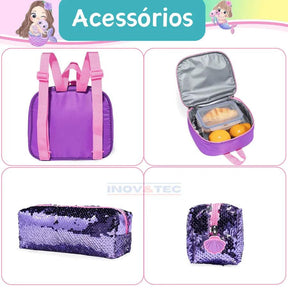 Mochila Infantil Para Meninas Super Shine Com Lantejoulas- Estojo e Lancheira, chaveiro de Brinde - para Sua Pequena Brilhar No Volta As Aulas - Lojas Promorin