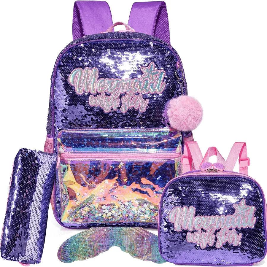 Mochila Infantil Para Meninas Super Shine Com Lantejoulas- Estojo e Lancheira, chaveiro de Brinde - para Sua Pequena Brilhar No Volta As Aulas - Lojas Promorin