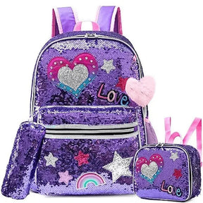Mochila Infantil Para Meninas Super Shine Com Lantejoulas- Estojo e Lancheira, chaveiro de Brinde - para Sua Pequena Brilhar No Volta As Aulas - Lojas Promorin