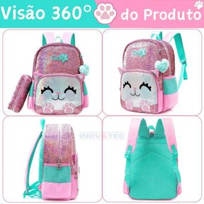 Mochila Infantil Para Meninas Super Shine Com Lantejoulas- Estojo e Lancheira, chaveiro de Brinde - para Sua Pequena Brilhar No Volta As Aulas - Lojas Promorin