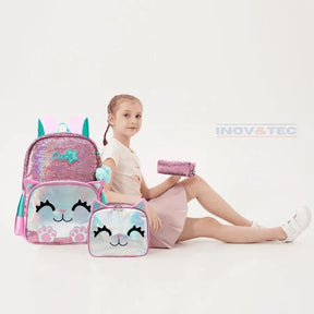 Mochila Infantil Para Meninas Super Shine Com Lantejoulas- Estojo e Lancheira, chaveiro de Brinde - para Sua Pequena Brilhar No Volta As Aulas - Lojas Promorin