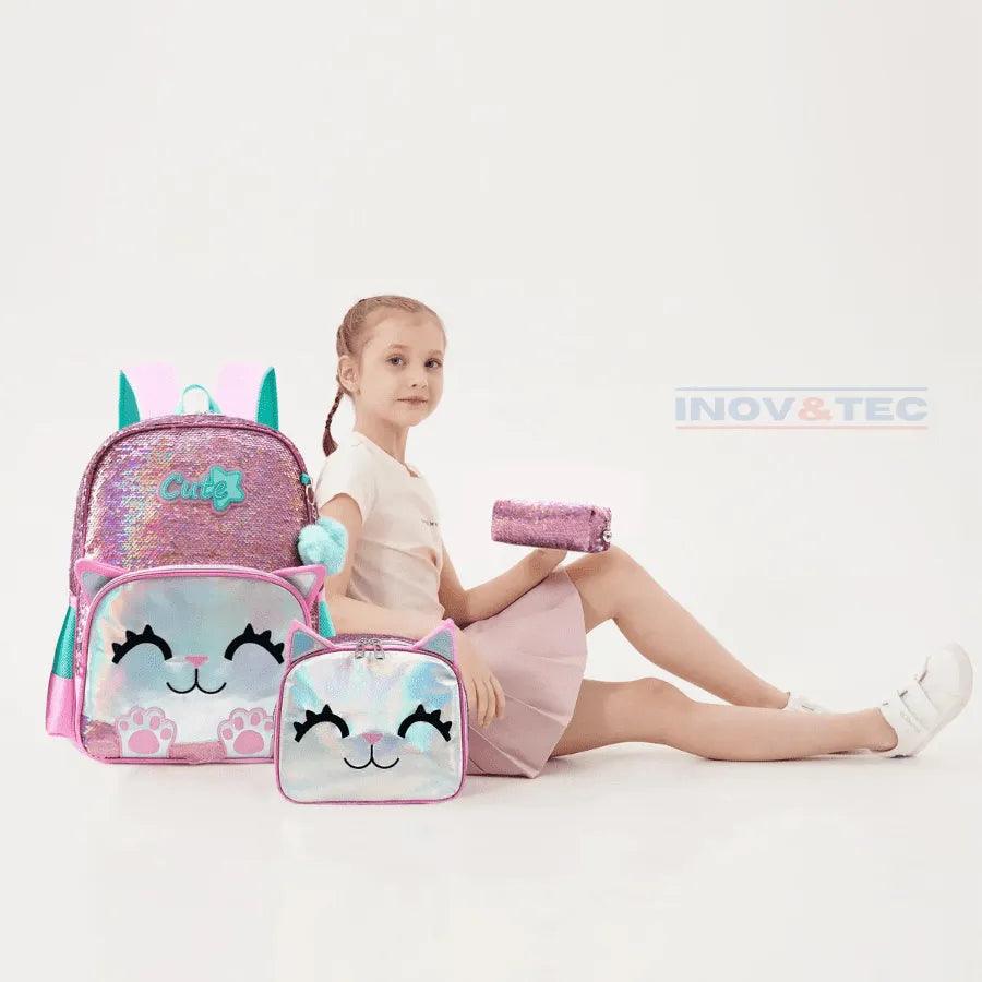 Mochila Infantil Para Meninas Super Shine Com Lantejoulas- Estojo e Lancheira, chaveiro de Brinde - para Sua Pequena Brilhar No Volta As Aulas - Lojas Promorin