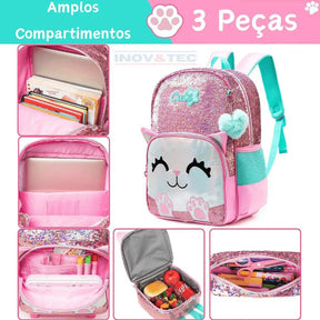 Mochila Infantil Para Meninas Super Shine Com Lantejoulas- Estojo e Lancheira, chaveiro de Brinde - para Sua Pequena Brilhar No Volta As Aulas - Lojas Promorin