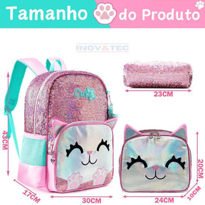 Mochila Infantil Para Meninas Super Shine Com Lantejoulas- Estojo e Lancheira, chaveiro de Brinde - para Sua Pequena Brilhar No Volta As Aulas - Lojas Promorin