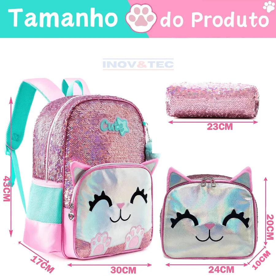 Mochila Infantil Para Meninas Super Shine Com Lantejoulas- Estojo e Lancheira, chaveiro de Brinde - para Sua Pequena Brilhar No Volta As Aulas - Lojas Promorin