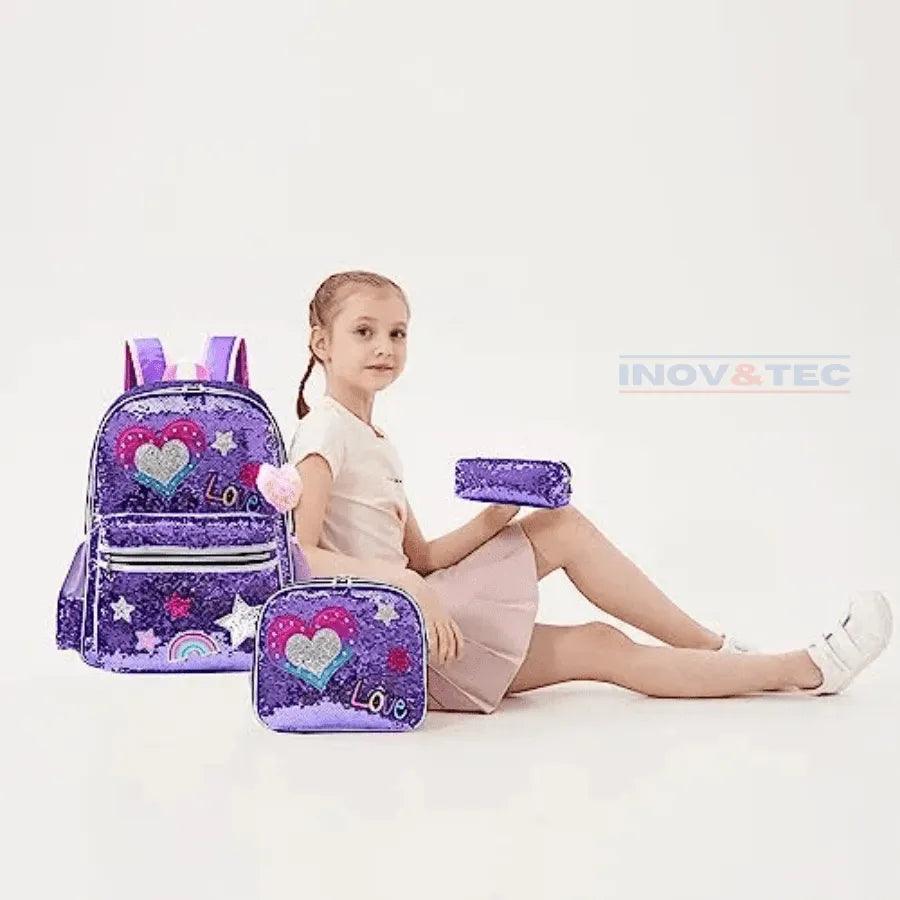 Mochila Infantil Para Meninas Super Shine Com Lantejoulas- Estojo e Lancheira, chaveiro de Brinde - para Sua Pequena Brilhar No Volta As Aulas - Lojas Promorin