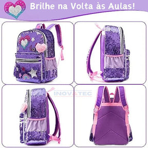 Mochila Infantil Para Meninas Super Shine Com Lantejoulas- Estojo e Lancheira, chaveiro de Brinde - para Sua Pequena Brilhar No Volta As Aulas - Lojas Promorin