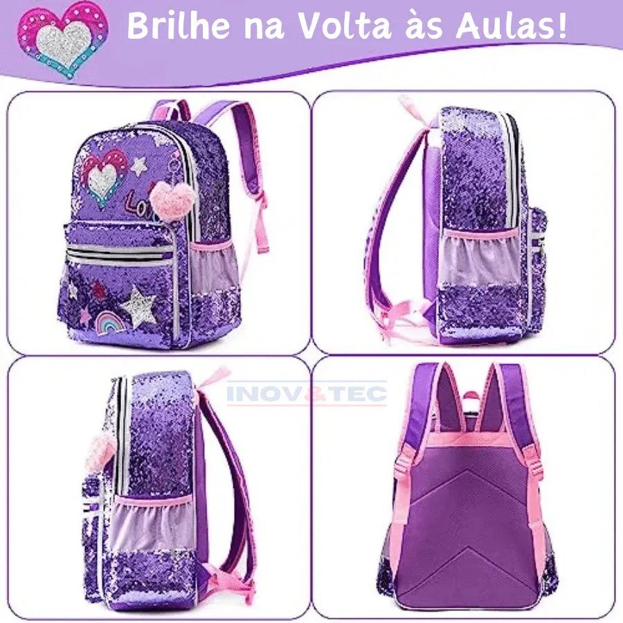 Mochila Infantil Para Meninas Super Shine Com Lantejoulas- Estojo e Lancheira, chaveiro de Brinde - para Sua Pequena Brilhar No Volta As Aulas - Lojas Promorin